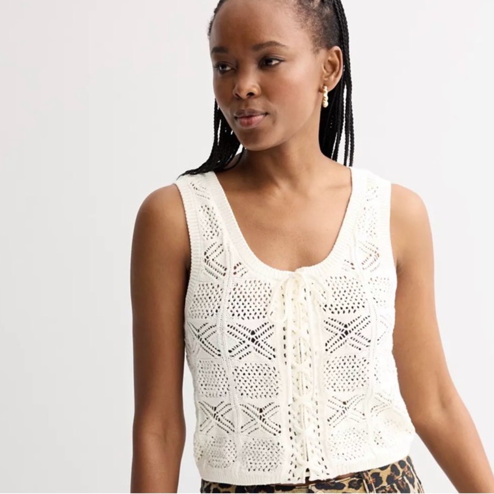 Intempo Knit Lace Up Crochet Tank Top Scoopneck Off White Womens Size Medium NWT